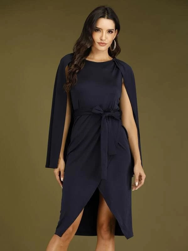 CM-DS905870 Women Elegant European Style Tulip Hem Cape Sleeve Belted Sheath Dress - Navy Blue