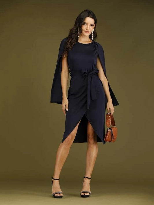 CM-DS905870 Women Elegant European Style Tulip Hem Cape Sleeve Belted Sheath Dress - Navy Blue