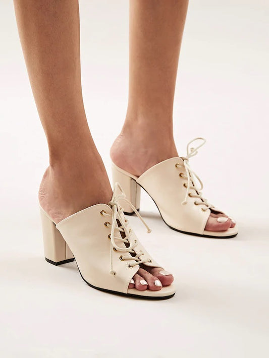 CM-SHS909600 Women Elegant Seoul Style Open Toe Lace-Up Chunky Heeled Mules - Apricot
