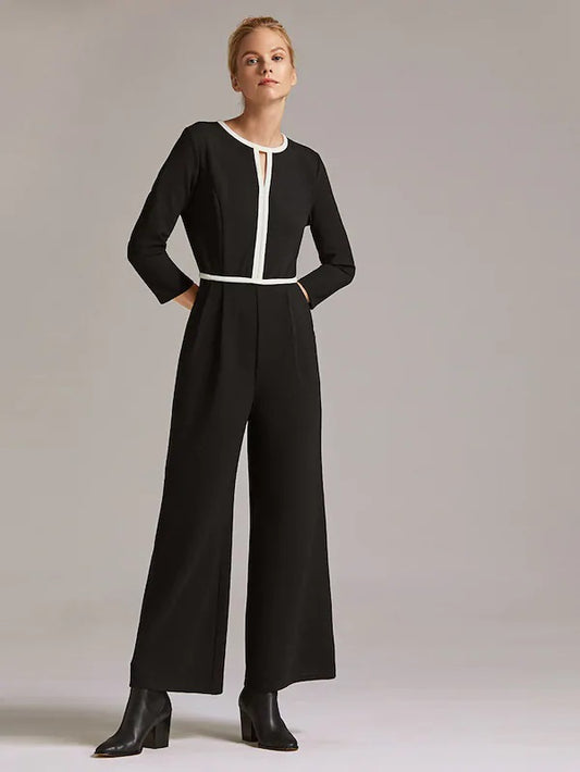 CM-JS904836 Women Casual Seoul Style Long Sleeve Round Neck Wide Leg Jumpsuit - Black