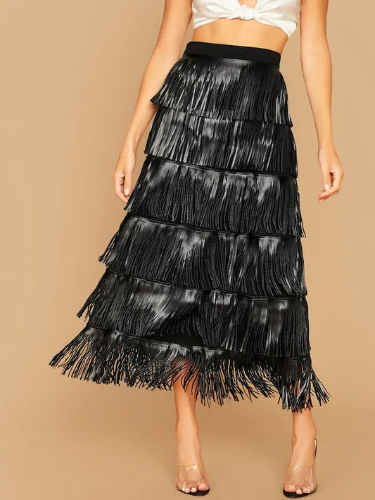 CM-BS820347 Women Elegant Seoul Style High Waist Layered Fringe Solid Long Skirt - Black