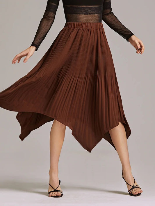 CM-BS902562 Women Casual Seoul Style Mid Waist Pleated Hanky Hem Solid Skirt - Brown