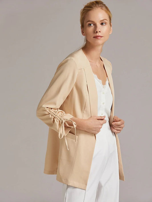 CM-CS903464 Women Elegant Seoul Style Long Sleeve Shawl Collar Drawstring Cuff Blazer - Beige