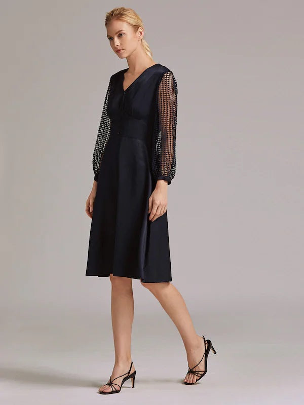 CM-DS827936 Women Casual Seoul Style Long Sleeve Lace Sheer Sleeve Button Front Dress - Navy Blue