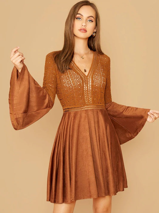 CM-DS828716 Women Trendy Bohemian Style Semi Sheer Lace Bodice Flounce Sleeve Suede Dress - Brown