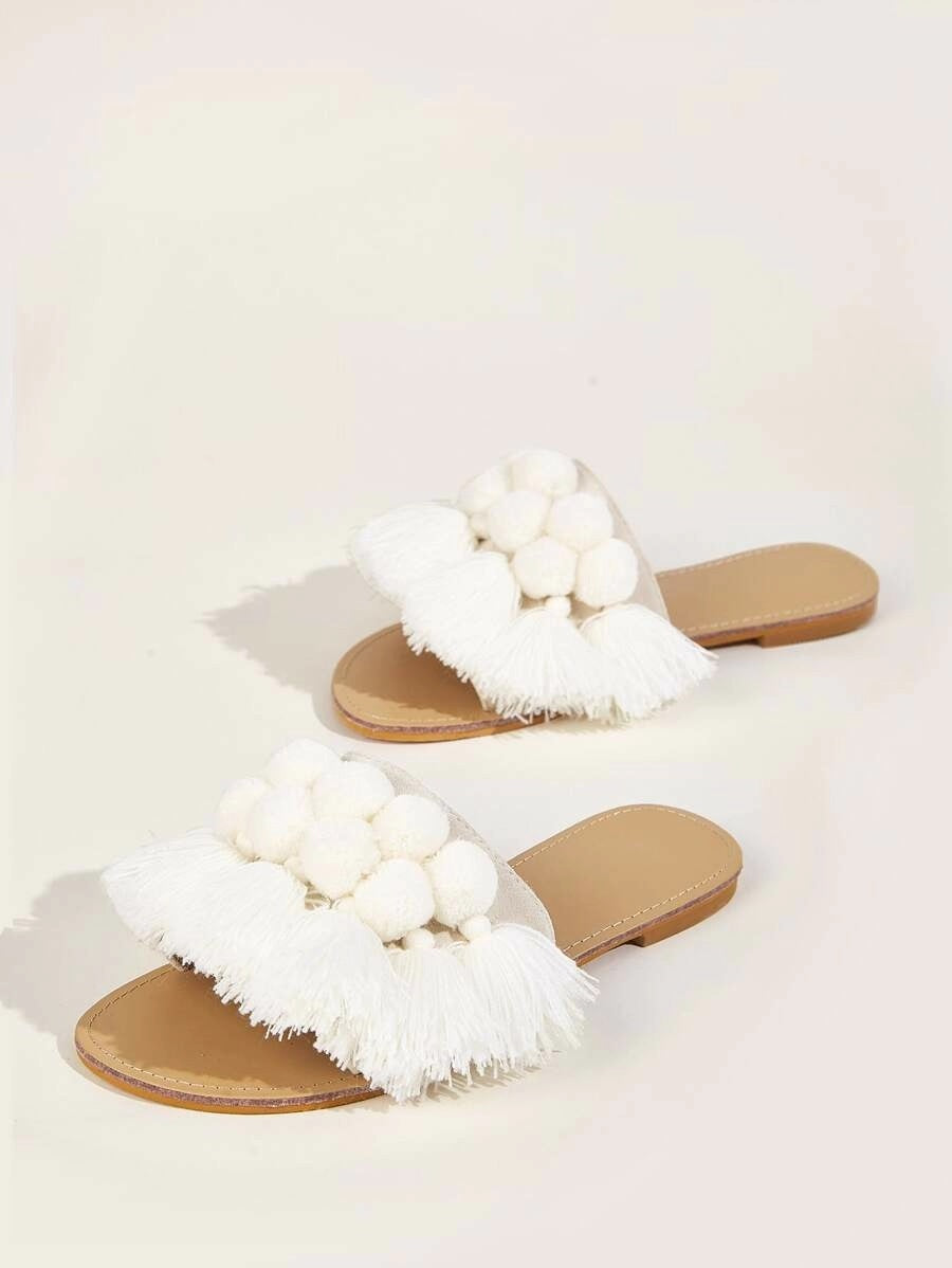 CM-SHS910110 Women Trendy Seoul Style Pom Pom And Tassel Decor Sliders - White
