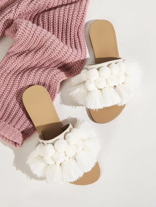CM-SHS910110 Women Trendy Seoul Style Pom Pom And Tassel Decor Sliders - White
