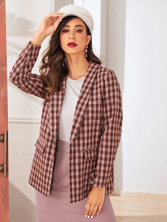 CM-CS911228 Women Elegant Seoul Style Long Sleeve Shawl Neck Flap Pocket Gingham Blazer - Wine Red