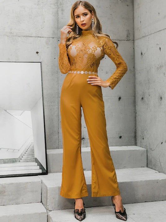 CM-JS911553 Women Elegant European Style Sheer Lace Bodice Flare Leg Jumpsuit - Yellow