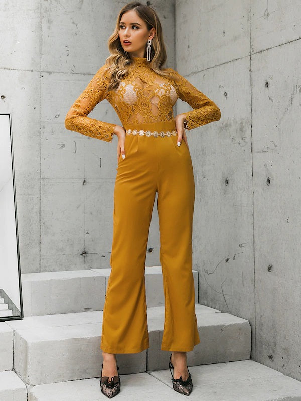 CM-JS911553 Women Elegant European Style Sheer Lace Bodice Flare Leg Jumpsuit - Yellow