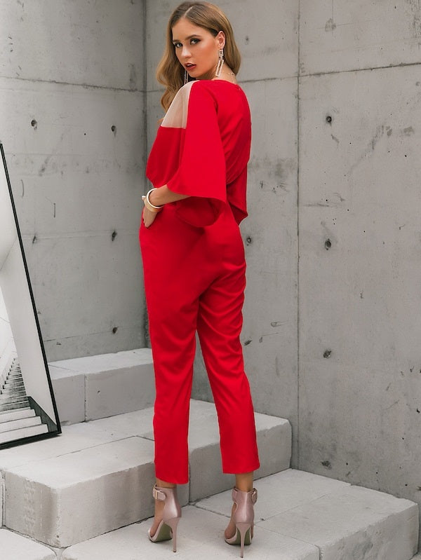 CM-JS911913 Women Casual Seoul Style 3/4 Batwing Sleeve V-Neck Mesh Insert Jumpsuit - Red