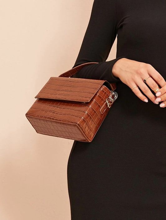 CM-BGS828999 Women Trendy Seoul Style Croc Embossed Satchel Chain Bag - Brown
