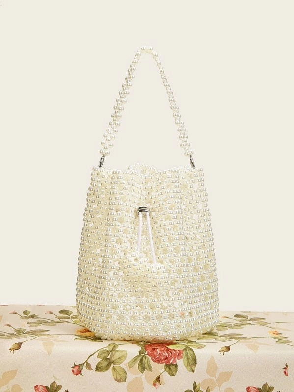 CM-BGS912348 Women Elegant Seoul Style Faux Pearl Beaded Tote Bag - White