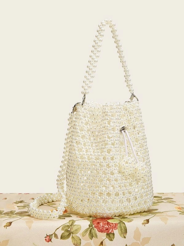 CM-BGS912348 Women Elegant Seoul Style Faux Pearl Beaded Tote Bag - White