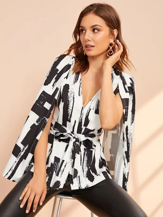 CM-CS805798 Women Elegant Seoul Style Long Sleeve Brush Stroke Print Belted Cape Blazer