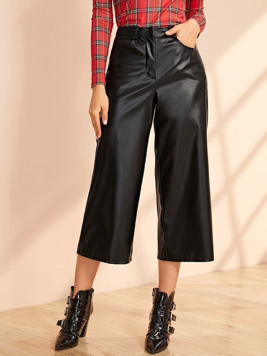 CM-BS819607 Women Elegant Seoul Style Mid Waist Wide Leg PU Leather Capri Pants - Black