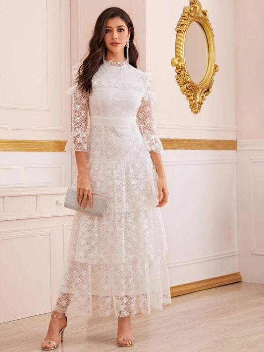 CM-DS806234 Women Elegant Seoul Style Ruffle Trim Tiered Layered Hem Lace Dress - White
