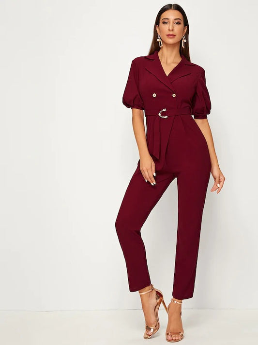 CM-JS819875 Women Casual Seoul Style Puff Sleeve Pearl Detail D-Ring Belted Jumpsuit - Wine Red