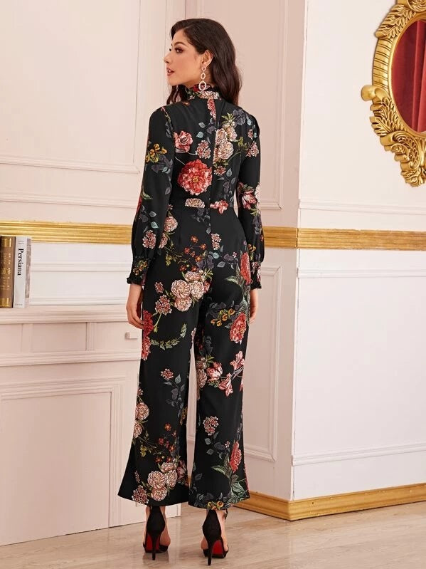 CM-JS916017 Women Elegant Seoul Style Long Sleeve Floral Print Cut Out Tie Neck Jumpsuit - Black