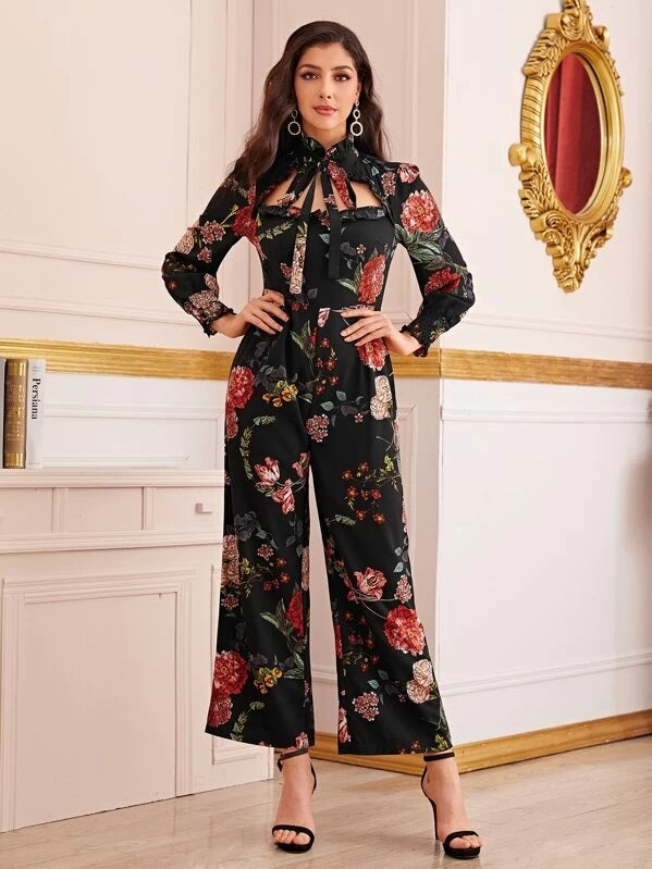 CM-JS916017 Women Elegant Seoul Style Long Sleeve Floral Print Cut Out Tie Neck Jumpsuit - Black