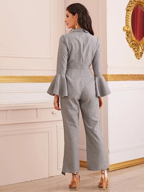 CM-JS916121 Women Elegant Seoul Style Solid Self Tie Flounce Long Sleeve Jumpsuit - Gray