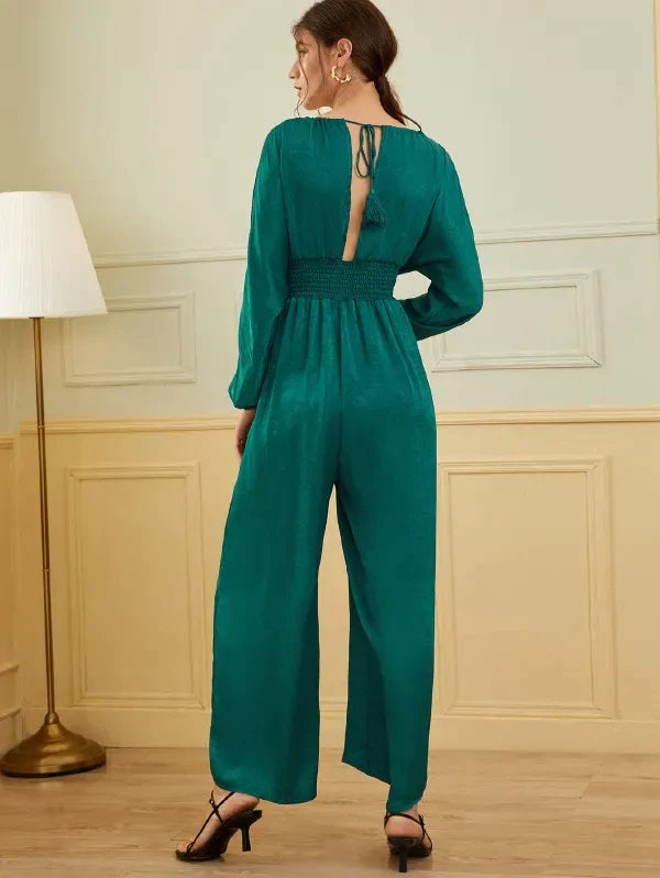 CM-JS916619 Women Elegant Seoul Style Plunging Neck Split Sleeve Shirred Waist Jumpsuit - Green