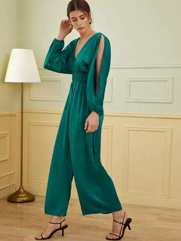 CM-JS916619 Women Elegant Seoul Style Plunging Neck Split Sleeve Shirred Waist Jumpsuit - Green