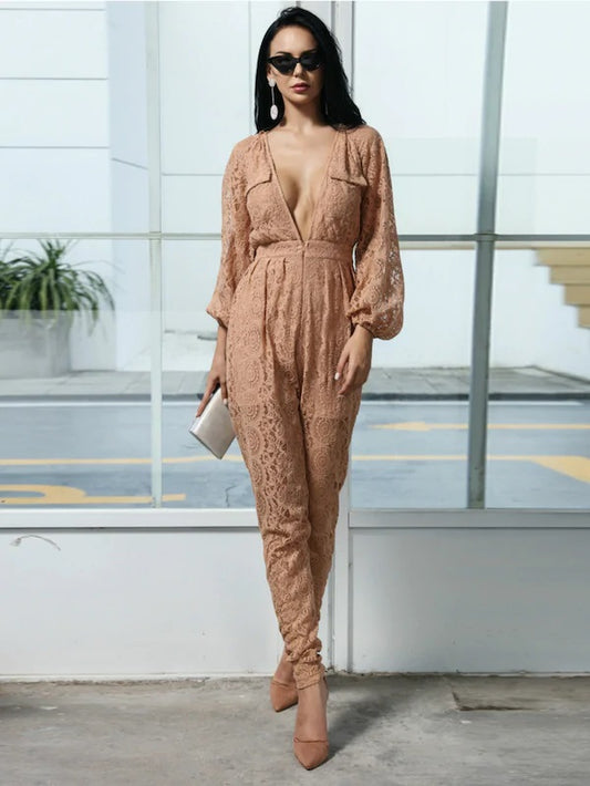 CM-JS916590 Women Elegant European Style Plunge Neck Lantern Sleeve Lace Jumpsuit - Nude