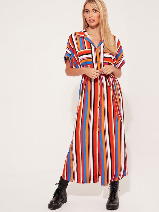 CM-DS826795 Women Casual Seoul Style Short Sleeve Split Side Belted Striped Shirt Dress