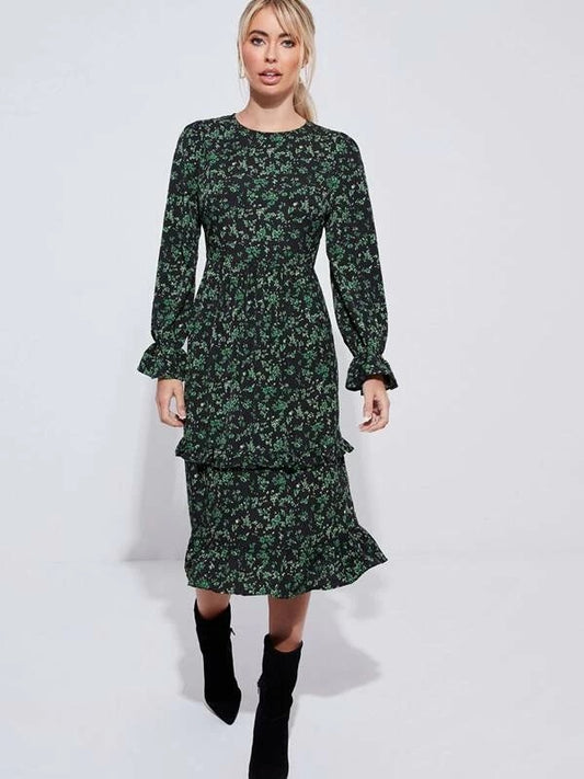 CM-DS826962 Women Casual Seoul Style Flounce Sleeve Ditsy Floral Print Ruffle Trim Dress