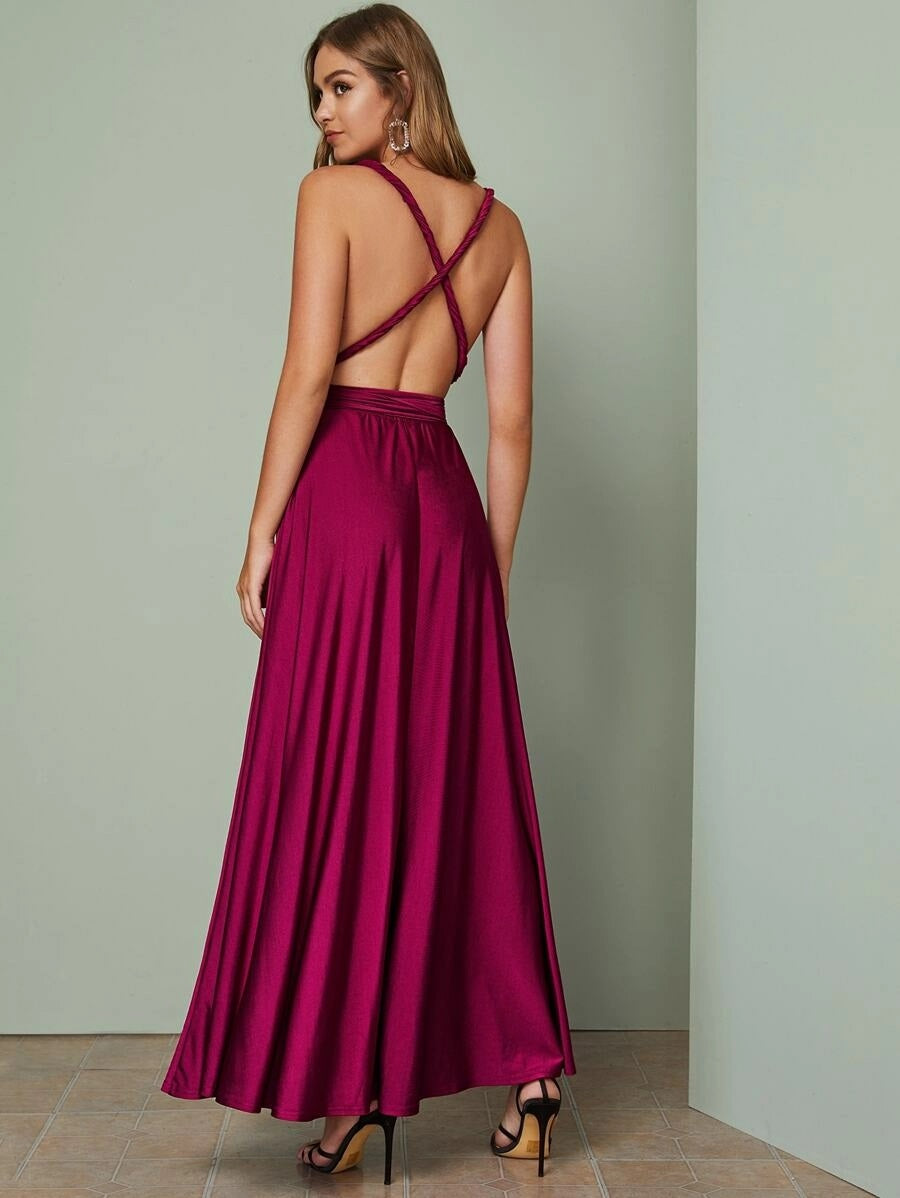 CM-DS819819 Women Elegant Seoul Style Sleeveless Plunging Crisscross Tie Back Maxi Dress - Wine Red