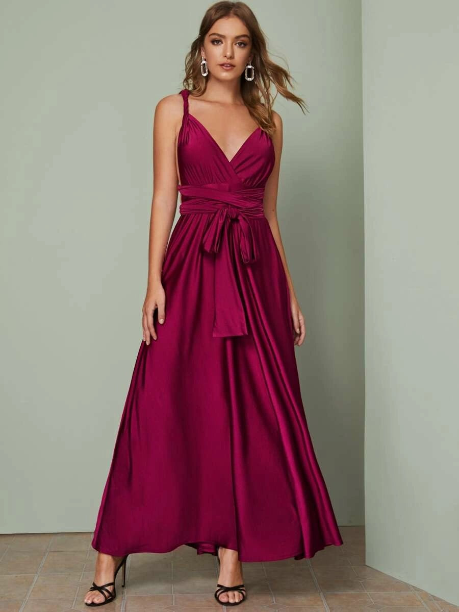 CM-DS819819 Women Elegant Seoul Style Sleeveless Plunging Crisscross Tie Back Maxi Dress - Wine Red