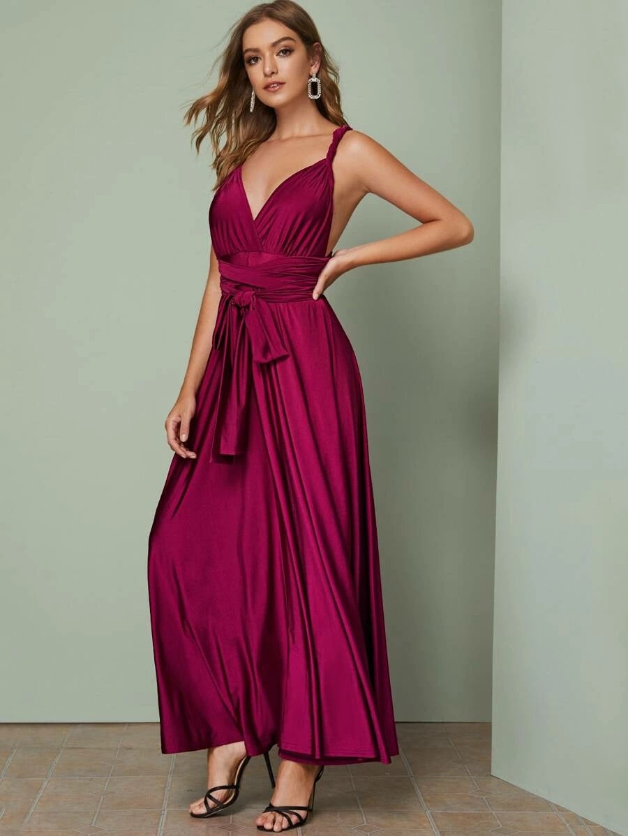 CM-DS819819 Women Elegant Seoul Style Sleeveless Plunging Crisscross Tie Back Maxi Dress - Wine Red