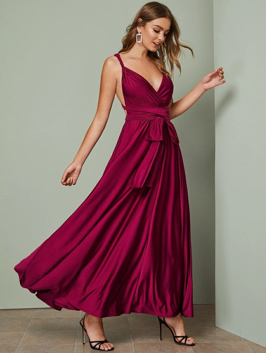 CM-DS819819 Women Elegant Seoul Style Sleeveless Plunging Crisscross Tie Back Maxi Dress - Wine Red