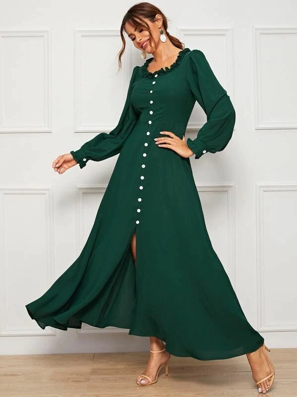 CM-DS917012 Women Elegant Seoul Style Frill Neck Puff Sleeve Button Through A-Line Dress - Green