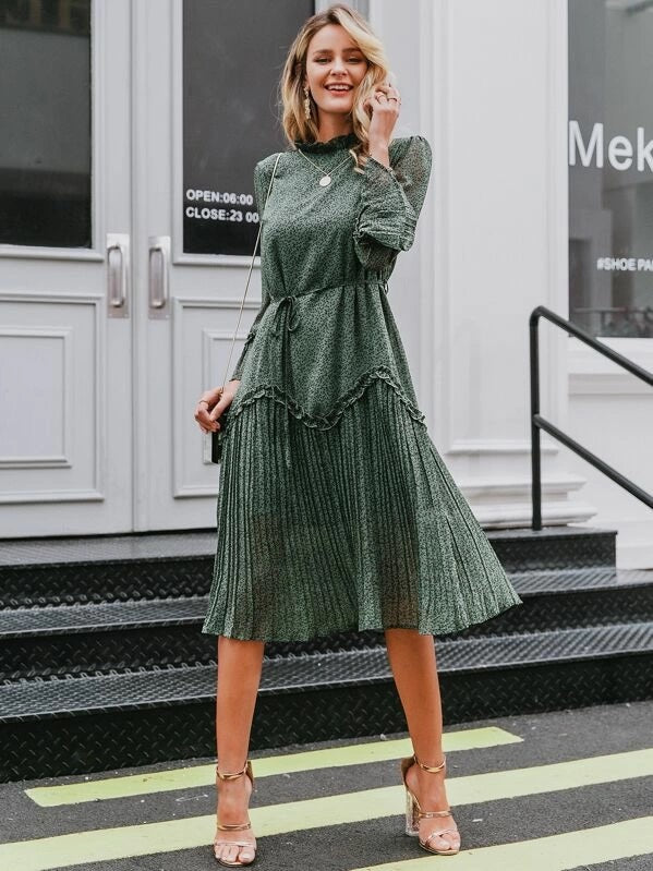 CM-DS917028 Women Elegant Seoul Style Long Sleeve Ditsy Floral Pleated Hem Frilled Belt Dress - Army Green
