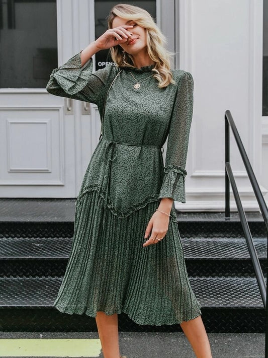 CM-DS917028 Women Elegant Seoul Style Long Sleeve Ditsy Floral Pleated Hem Frilled Belt Dress - Army Green