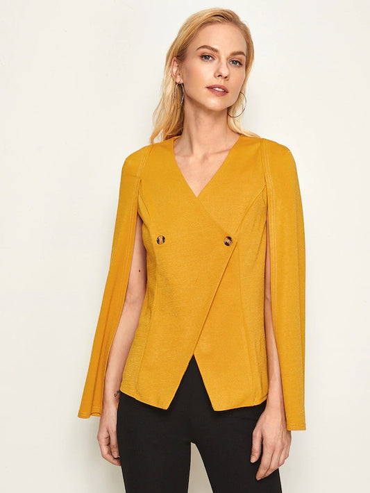 CM-CS903741 Women Elegant Seoul Style Long Sleeve Double Button Cloak Sleeve Blazer - Yellow