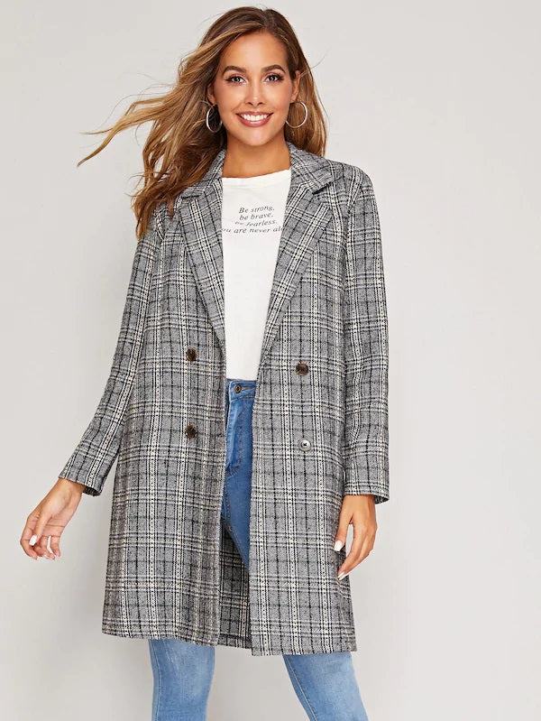 CM-CS909864 Women Casual Seoul Style Long Sleeve Notch Collar Double Breasted Plaid Coat - Gray