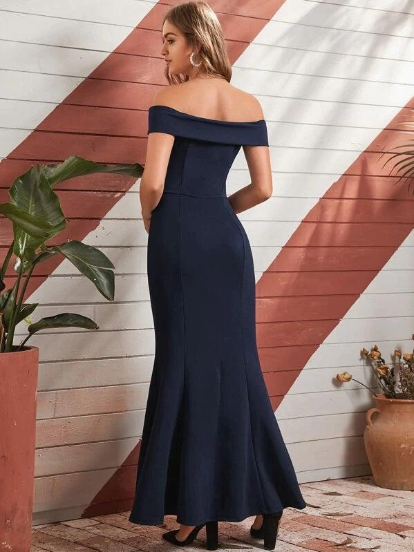 CM-DS919884 Women Elegant Seoul Style Off-Shoulder Split Thigh Bodycon Long Dress - Navy Blue