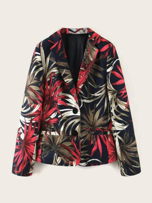 CM-CS920802 Women Elegant Seoul Style Long Sleeve Tropical Print Button Through Lapel Blazer