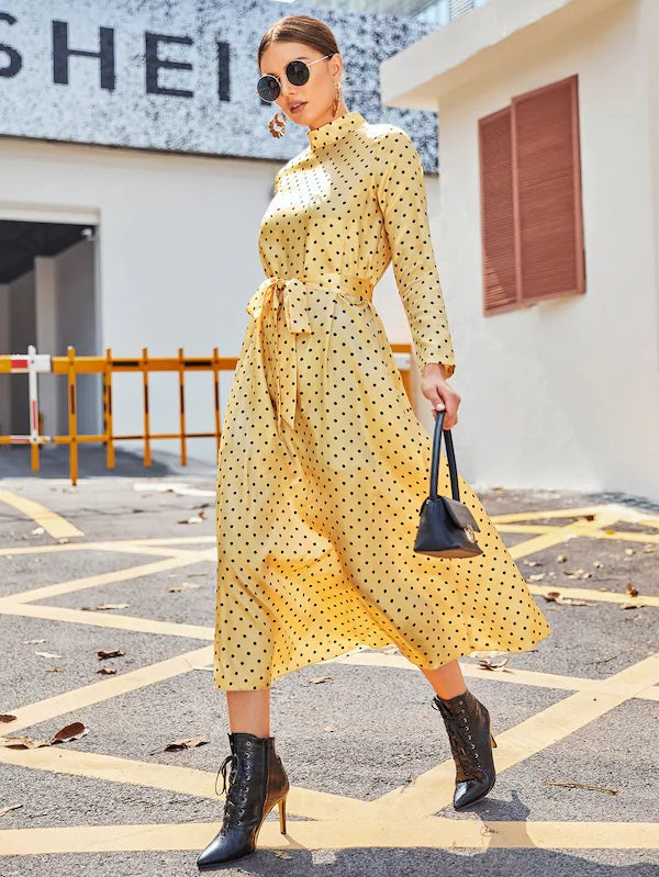 CM-DS918833 Women Elegant Seoul Style Stand Collar Polka Dot Self Belted Satin Dress - Yellow