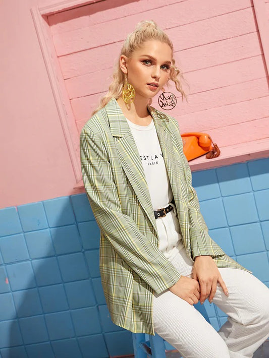 CM-CS920892 Women Elegant Seoul Style Long Sleeve Plaid Double Breasted Lapel Blazer - Green