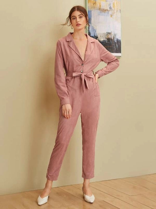CM-JS910755 Women Casual Seoul Style Slant Pocket Self Belted Button Blazer Jumpsuit - Pink