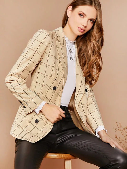 CM-CS809216 Women Elegant Seoul Style Long Sleeve Notch Collar Double Breasted Plaid Blazer - Khaki