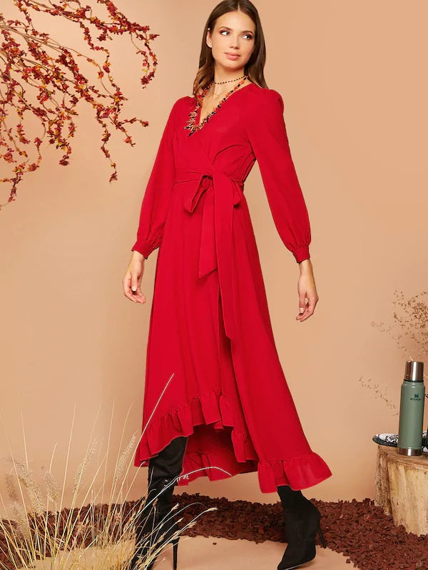 CM-DS801788 Women Elegant Seoul Style Surplice Neck Ruffle Hem Wrap Belted Dress - Red