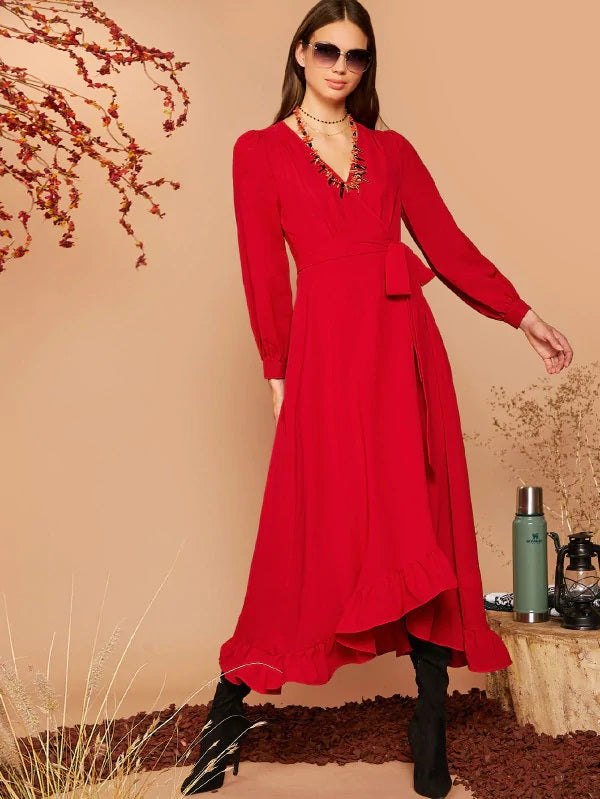 CM-DS801788 Women Elegant Seoul Style Surplice Neck Ruffle Hem Wrap Belted Dress - Red