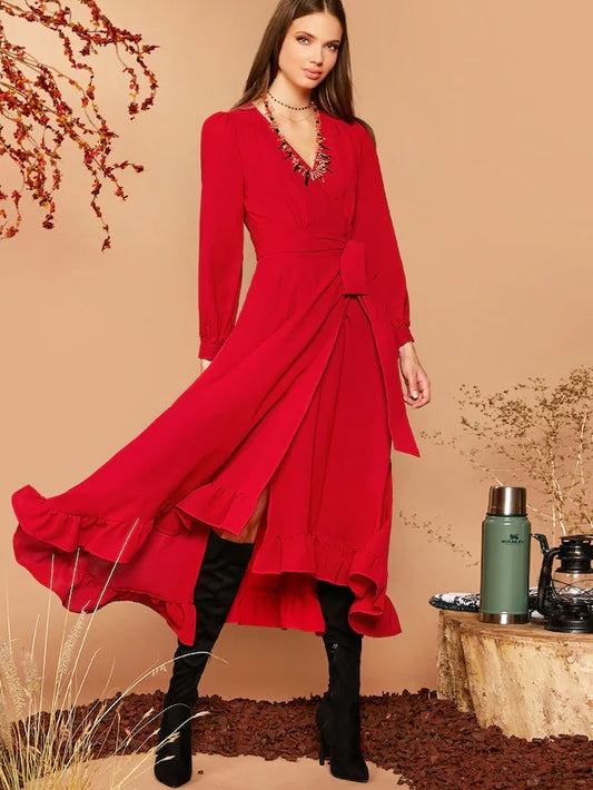 CM-DS801788 Women Elegant Seoul Style Surplice Neck Ruffle Hem Wrap Belted Dress - Red
