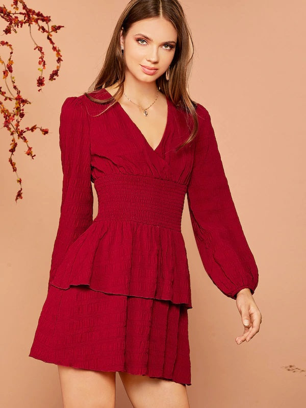 CM-DS807259 Women Trendy Seoul Style Lantern Sleeve Shirred Waist Layered Hem Dress - Wine Red
