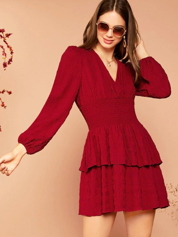 CM-DS807259 Women Trendy Seoul Style Lantern Sleeve Shirred Waist Layered Hem Dress - Wine Red